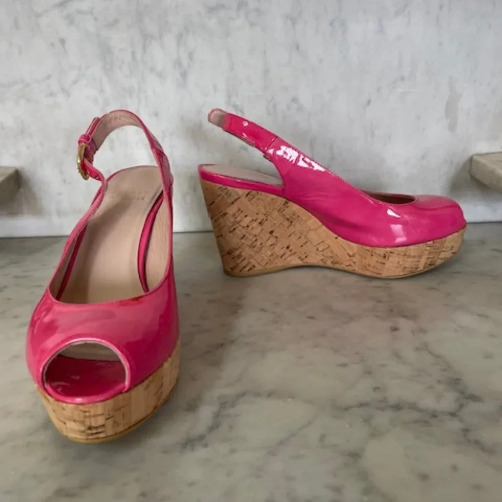 STUART WEITZMAN Jenny Fuchsia Peep Toe Sling Back Cork Wedge 6M